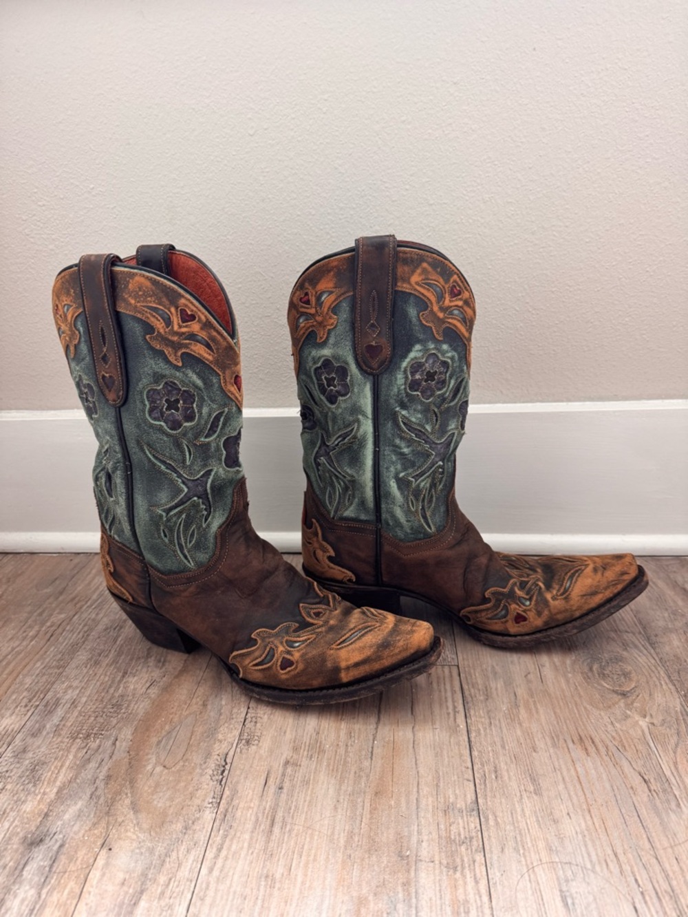 Artisan Floral Embroidered Western Cowboy Boots - Brown & Teal - Picture 3 of 3